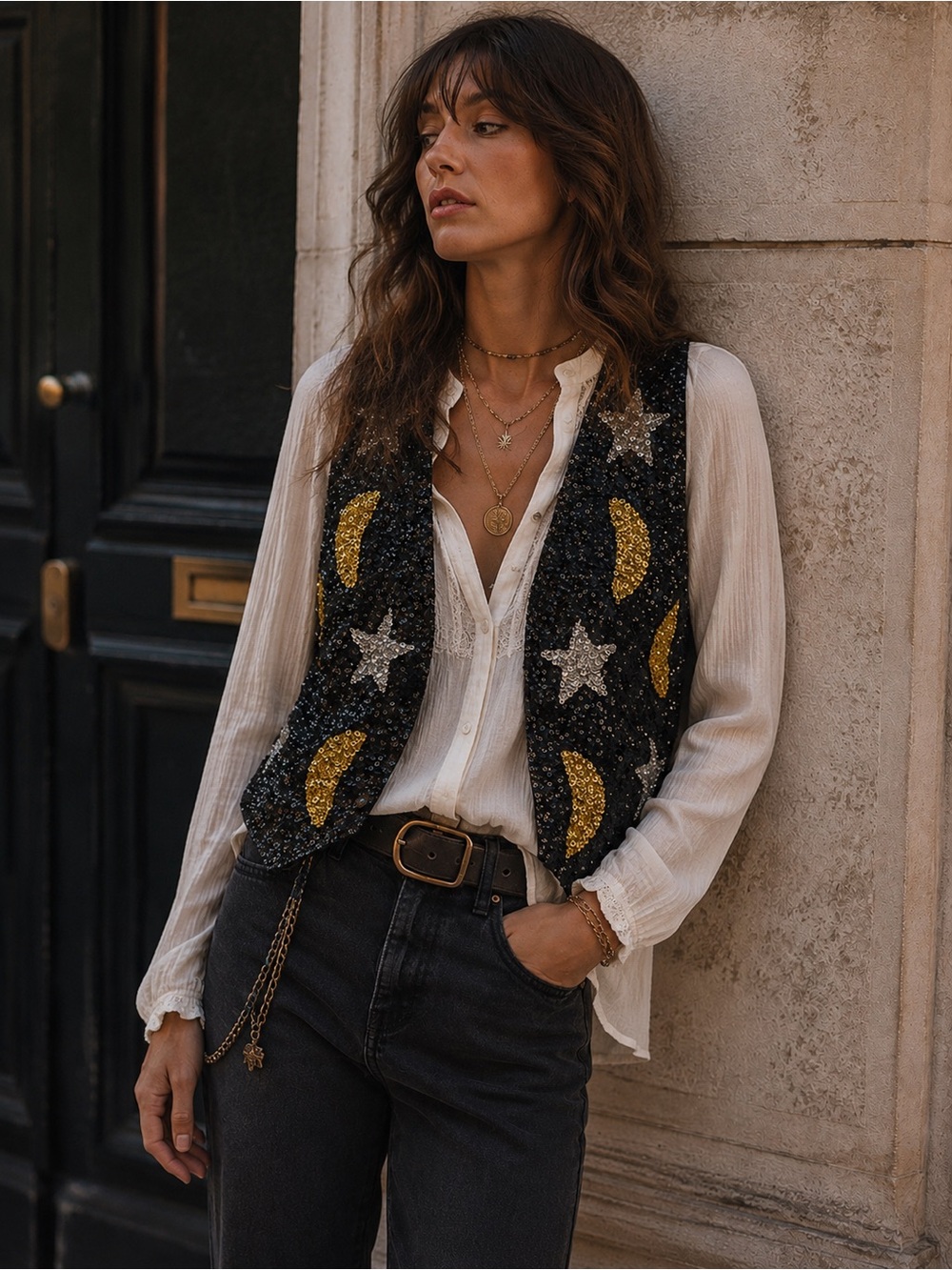 Vintage Black Sequin Vest Gold Moons & Silver Stars Festival Celestial Y2K